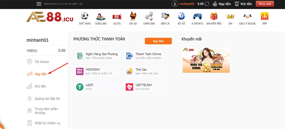 các bước Hướng dẫn cách nạp tiền AE888 qua từng hình thức