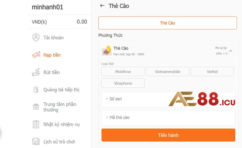 cách Nạp tiền AE888 bằng hình thức thẻ cào