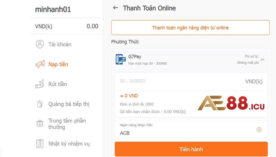 cách Nạp tiền AE888 bằng thanh toán online
